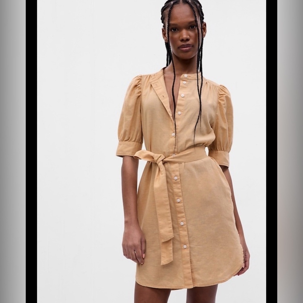 GAP cotton linen shirt dress belted, size Small, light golden color Puff sleeves
